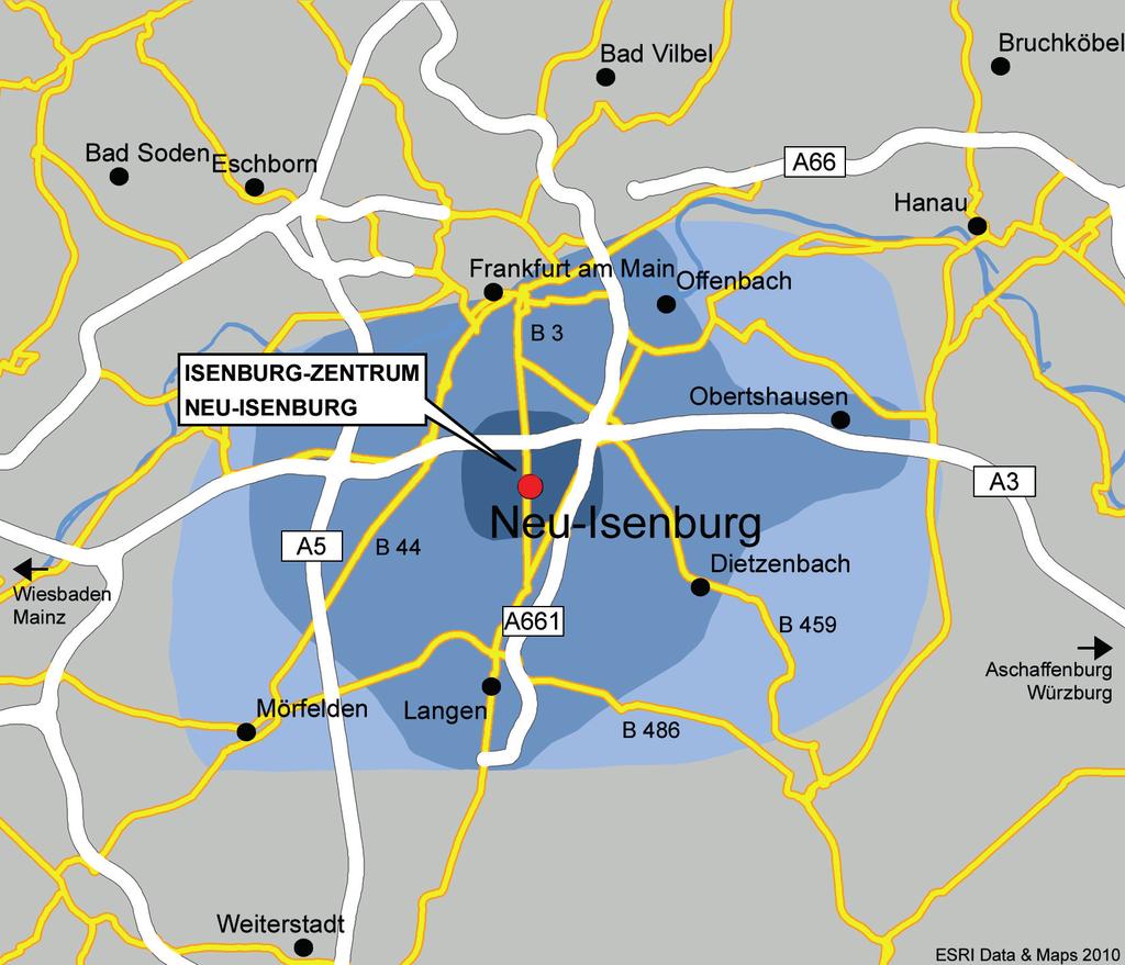 Erreichbarkeit / Einzugsgebiet Dank seiner zentralen Lage im Städtedreieck Frankfurt