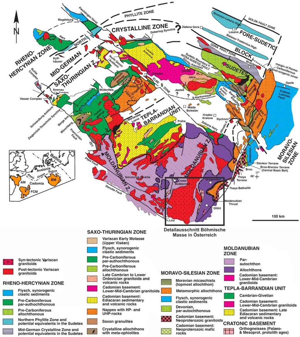 Abb. 3: Vereinfachte geologische Karte der Böhmischen Masse. Das schwarze Rechteck zeigt die Position der Detailkarte in der Abb. 4 (Aus: Nance et al.
