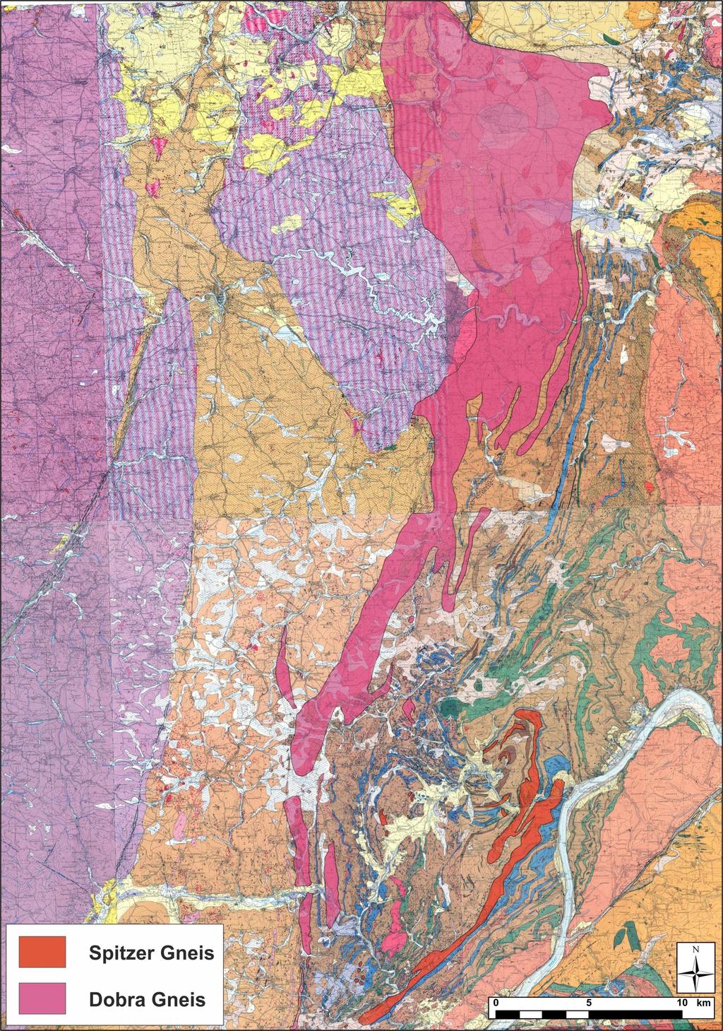Abb. 6: Verteilung von und im Waldviertel. Ausschnitt aus den Geologischen Karten der Republik Österreich 1:50.000, Blätter 19 Zwettl (Boroviczény et al.