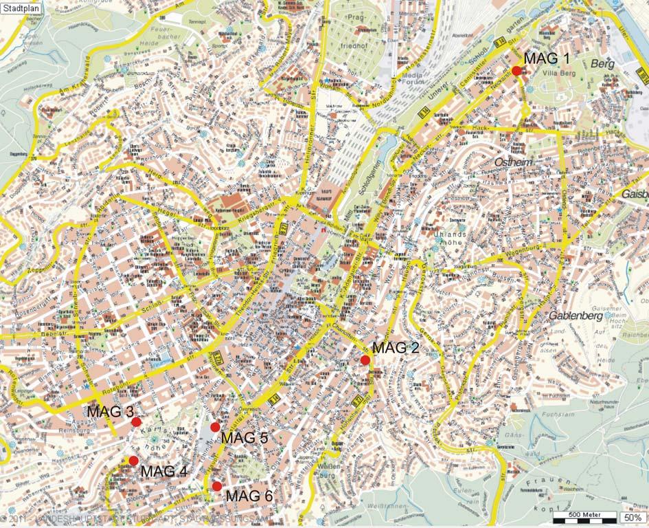 Abb. 2: Stadtplan mit Bohrpunkten MAG 1 bis MAG 6 Quelle: Amt für Umweltschutz, Stuttgart Alle sechs Bohrungen erschließen das Grundwasser des Linguladolomits im höheren Unterkeuper.