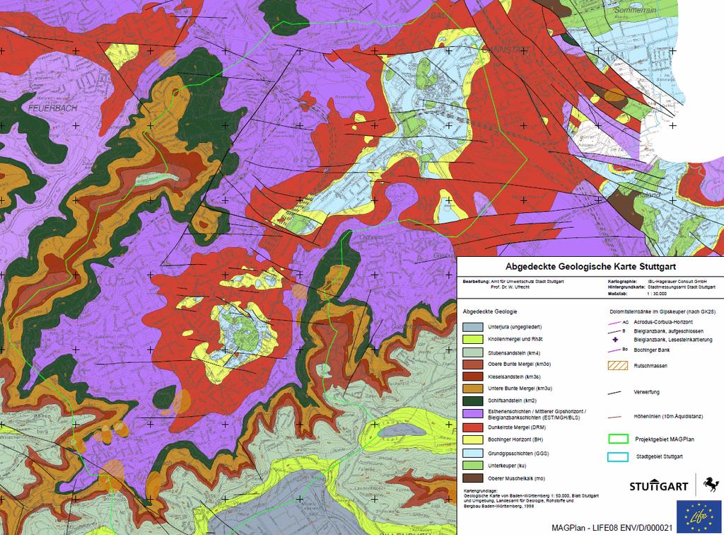 Abb.5: Abgedeckte Geologische Karte für das MAGPlan-Gebiet (hellgrün umrandet), Quelle: Amt für Umweltschutz, Stuttgart Die vertikale Strukturierung im Projektgebiet orientiert sich an den