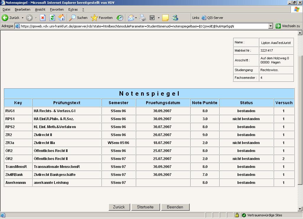 II. Notenspiegel Hier werden alle Prüfungsergebnisse, die Sie bislang im Rahmen der