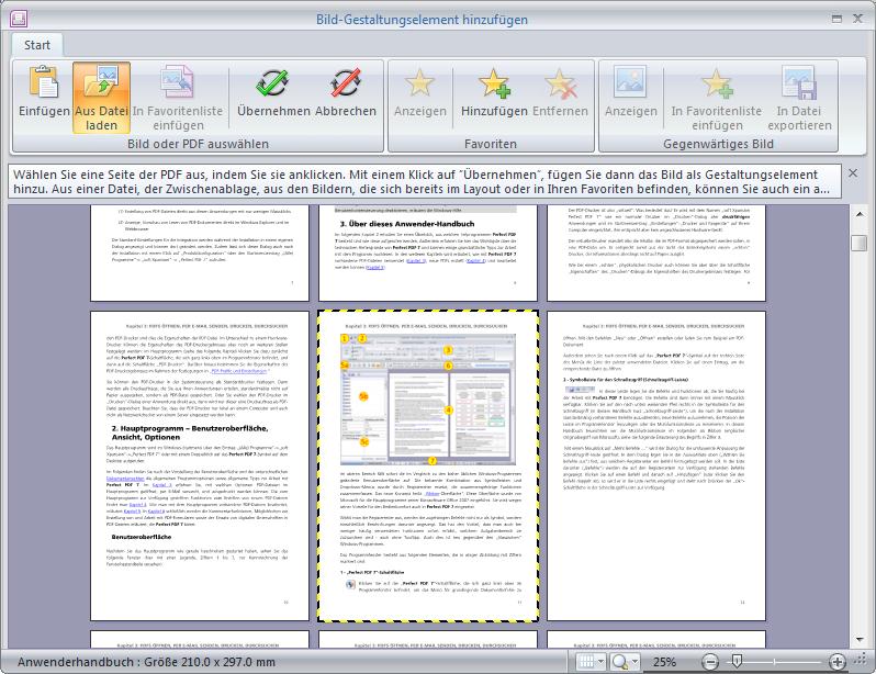 PERFECT PRINT-PROGRAMM Nach einem Klick auf Übernehmen wird die dann gewählte PDF-Seite oder Bilddatei als Gestaltungselement in das Layout eingefügt.