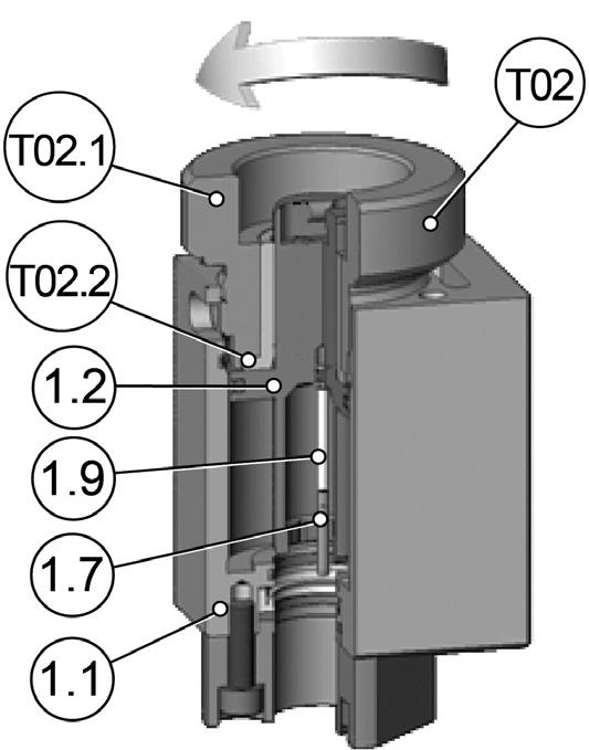 Während der Montage des Kolbens (1.2) in das Zylindergehäuse, achten Sie drauf, dass der Kolben (1.2) sich nicht im Zylindergehäuse (1.1) verkantet.