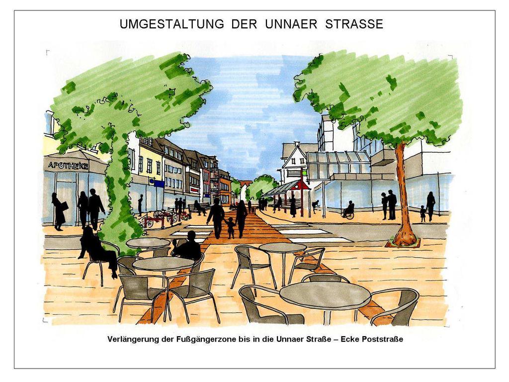 Teil 4: Umgestaltung der Unnaer Straße in einen verkehrsberuhigten Bereich Abbildung aus der Innenstadt-Konzeption, Mai 2010 Beschreibung der Maßnahme Um die Belange der Fußgänger in der Innenstadt