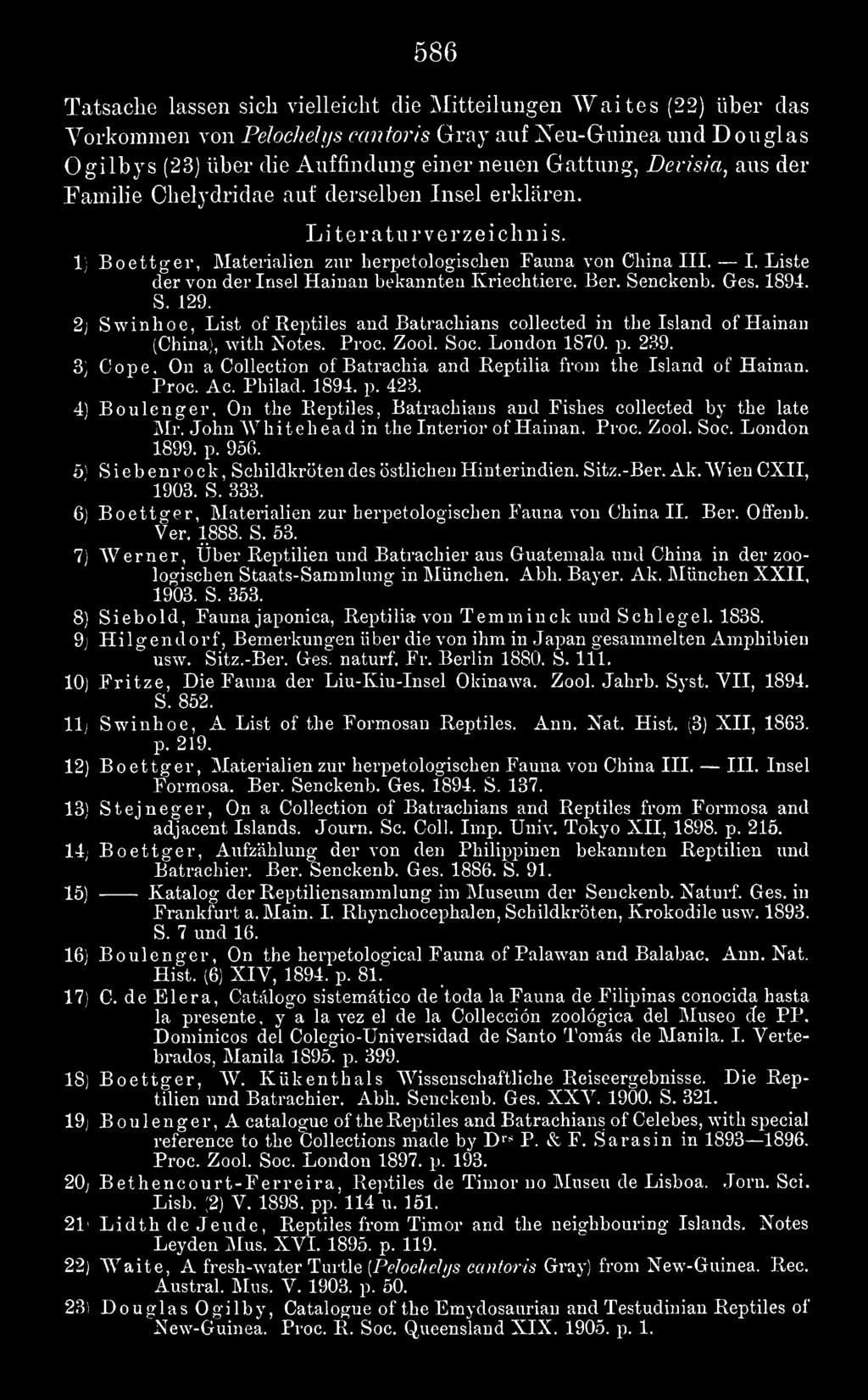 John Whitehead in the Interior of Hainan. Proc. Zool. Soc. London 1899. p. 956. 5) Siebenrock, Schildkröten des östlichen Hinterindien. Sitz.-Ber. Ak. Wien CXII, 1903. S. 333.
