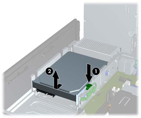 10. Drücken Sie auf den grünen Freigaberiegel neben dem Festplattenlaufwerk (1).