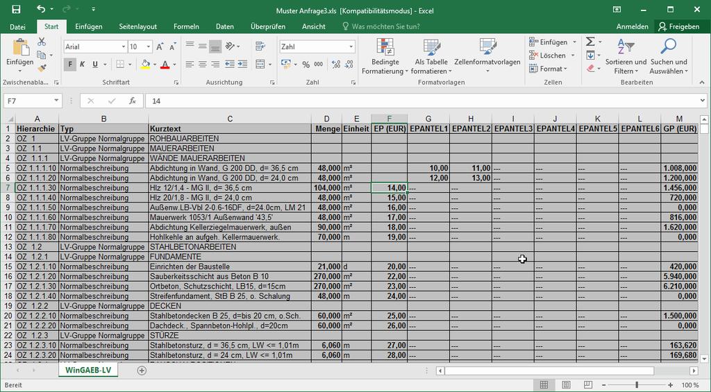 Handbuch Version 4.5 Seite 42 / 43 9.2.1. Kalkulation in Excel In Excel erfolgt die eigentliche Kalkulation der einzelnen Positionen.