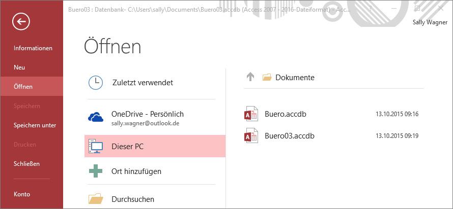 1 Access kennenlernen Mit angemeldetem Microsoft-Konto steht OneDrive als Speicherort online zur Verfügung.