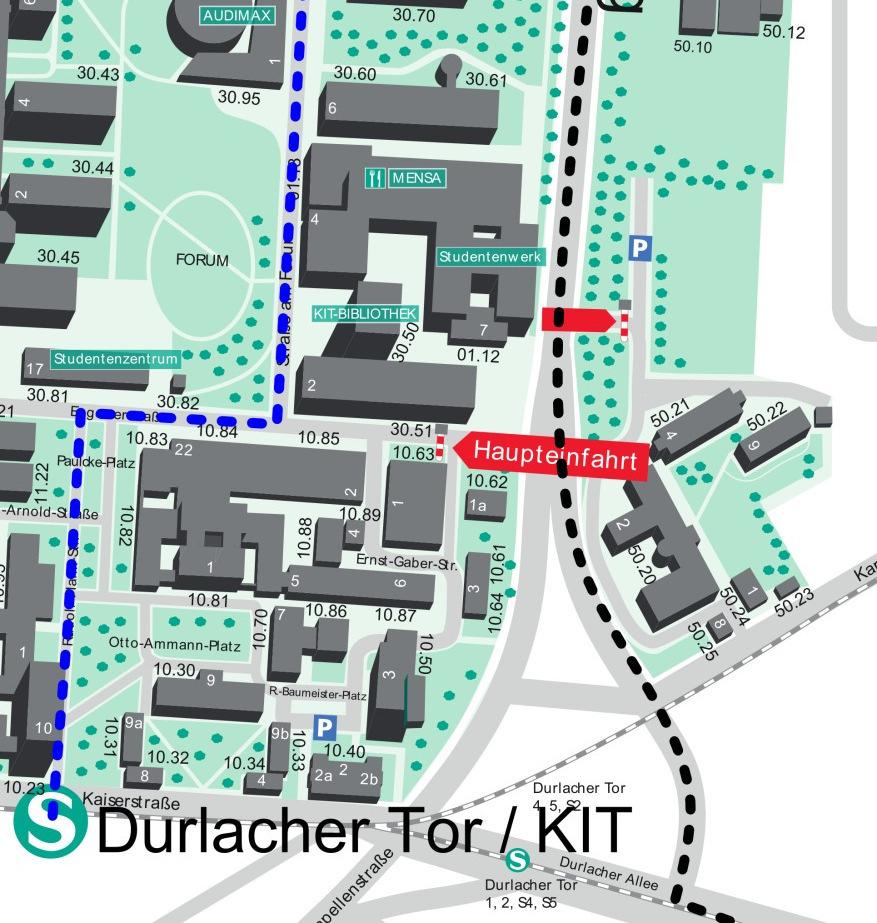40 76131 Karlsruhe Auto A5 Ausfahrt Karlsruhe- Durlach Richtung Karlsruhe auf der Durlacher Allee in Richtung Stadtmitte, bis zum Durlacher Tor rechts in den