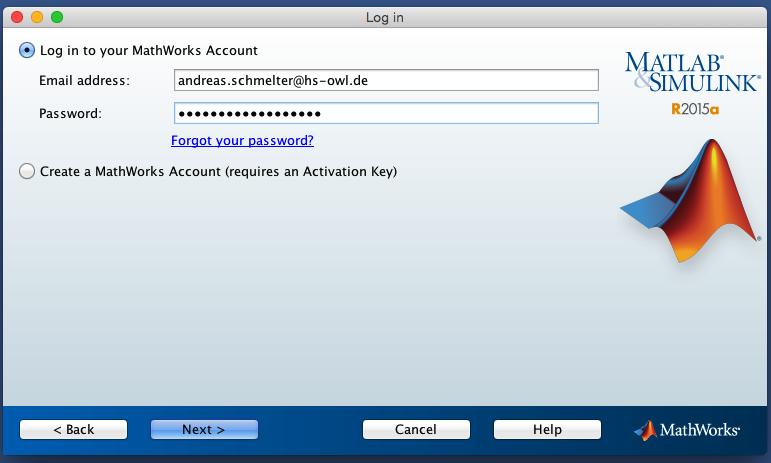 Im folgenden Schritt müssen Sie sich mit Ihrem Matlab-Account einloggen.
