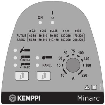 Minarc 220 / Kemppi Oy / 1117 2.6 BEDIENELEMENTE UND ANZEIGEN 1. 2. 6. 3. 4. 5. 1. Standby-Anzeigeleuchte. Eine VRD-Sicherheitsanzeige bei der VRD-Version (siehe VRD-Funktion) 2.