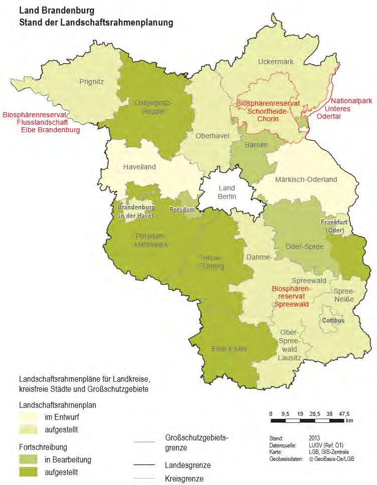 In Brandenburg liegen für mehrere Landkreise sehr aktuelle Landschaftsrahmenpläne vor.