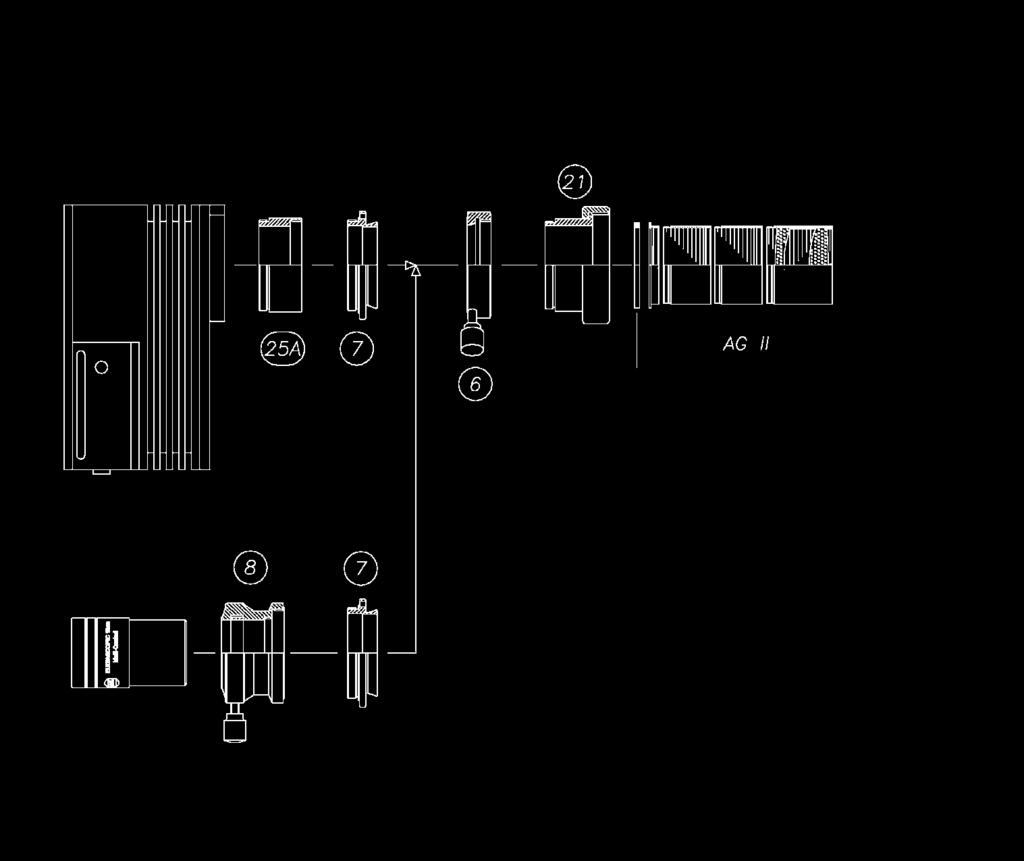 CCD-Kamera (ST-7/8/9/10) CCD Anschlussvorschlag mit Schnellwechsler Zwischenring 15mm kurzer C8 T-Adapter für jedes 2" SC-Tubusgewinde Schnellwechselsystem Distanzring zum Fixieren des AG II in der