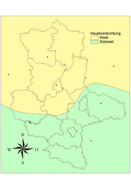 Als Hauptwindrichtung ist einheitlich für alle betroffenen Regionen in Sachsen-Anhalt West bis Südwest zu berücksichtigen.