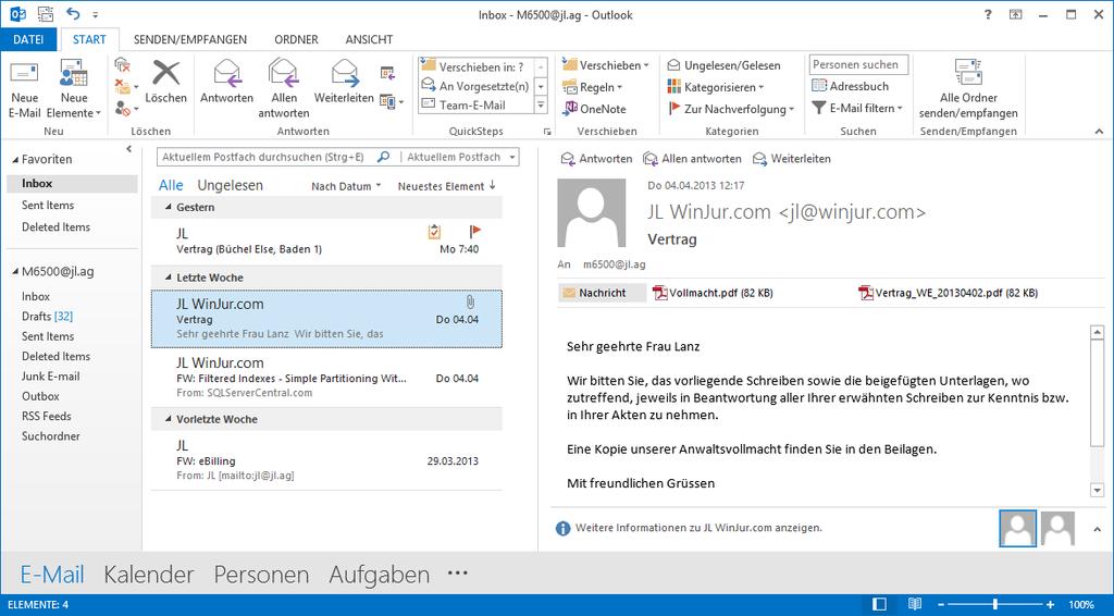 6. Eingegangene EMail in WinJur ablegen Klicken Sie mit der linken Maustaste auf die markierte Email in Outlook, halten Sie die Maustaste