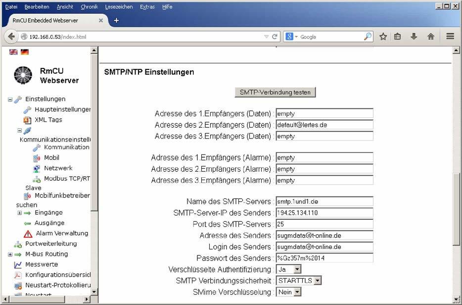 B) Betriebsmode SMTP Sektion: SMTP/NTP Einstellungen / "SMTP/NTP Settings" Die im Folgenden