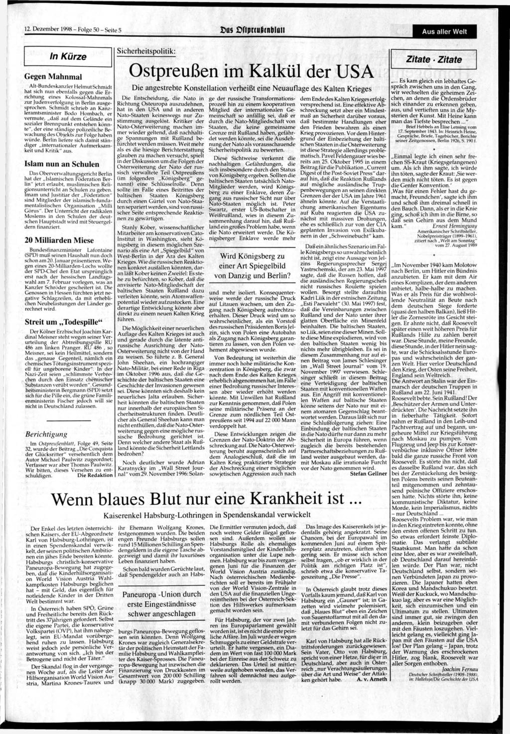 12 Dezember 1998 Folge 50 Seite 5 Das ßfijmuScnblait Aus aller Welt Gegen