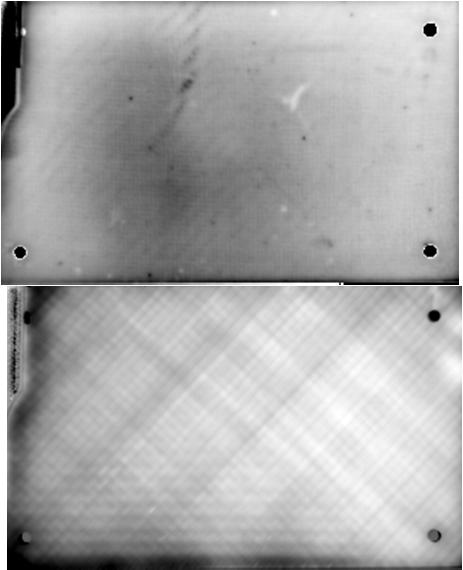 Vergleich von Lock-in Thermografie (links) und Ultraschall C-Scan (rechts) einer GFK-Platte (oben) und einer CFK-Platte (unten) jeweils nach Schlageinwirkung. 2.4 Röntgen-Computertomografie Abb.