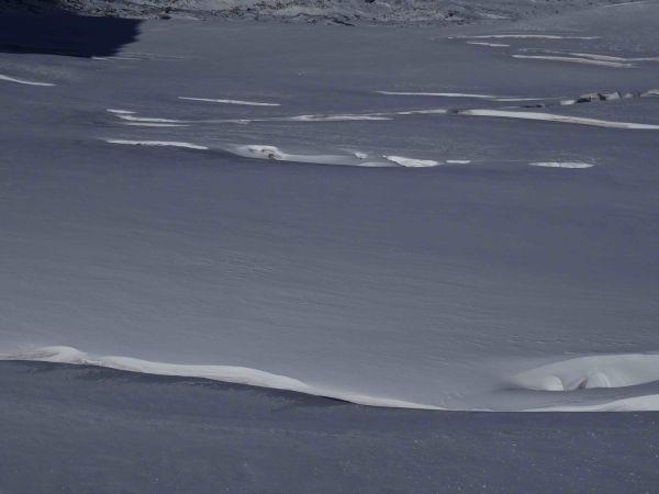 Die Gletscherspalten wurden vom wenigen Neuschnee noch nicht zugedeckt; tückische