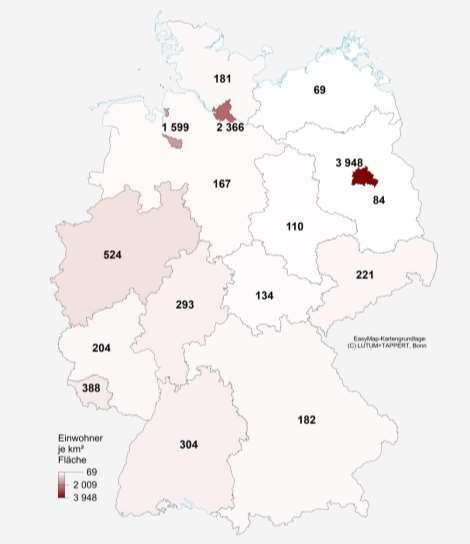 Bevölkerungsdichte 2015 Bundesland Einwohner je km² Baden-Württemberg 304 Bayern 182 Berlin 3 948 Brandenburg 84 Bremen 1 599 Hamburg 2 366 Hessen 293 Mecklenburg-Vorpommern 69