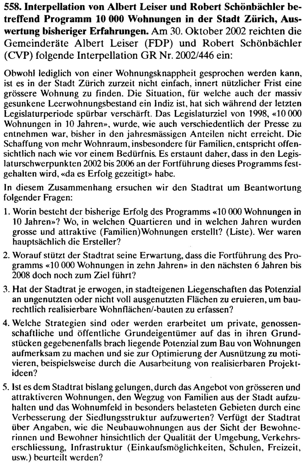 Auszug aus dem Protokoll des Stadtrates von Zürich vom 9. April 2003 558.