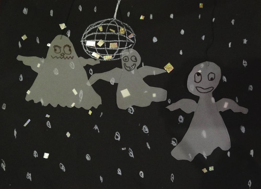 Gestaltungsphase Jede Gruppe gestaltet arbeitsteilig ein gemeinsames Bild: Ein Kind malt auf dem DIN-A3-Tonpapier (Querformat) mit weißer Wachsmalkreide eine Disko kugel im oberen Bereich auf.