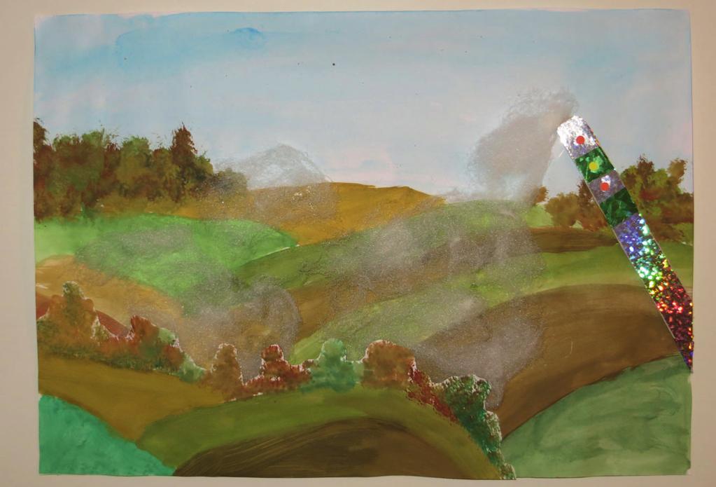 Während der Hintergrund trocknet, werden auf einem DIN-A4-Blatt (Querformat) ebenfalls Felder und Büsche in Grün- und Brauntönen gemalt bzw. getupft.