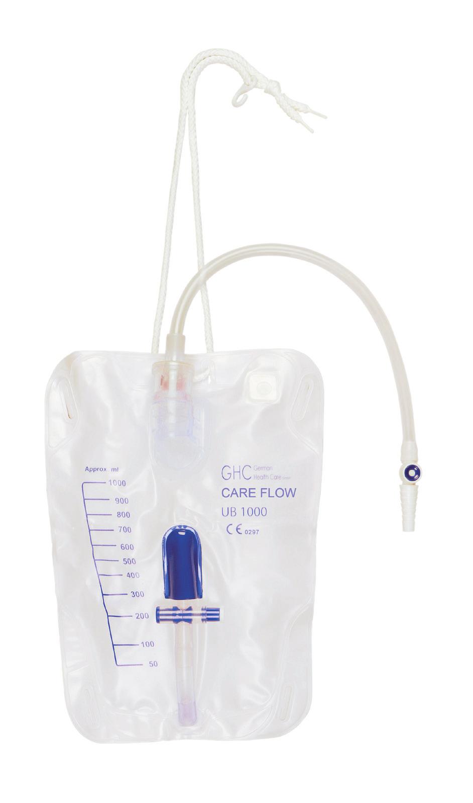 Eine auf dem Beutel aufgebrachte Rückstecklasche garantiert eine sichere und zugleich hygienische Positionierung des Ablasshahns.