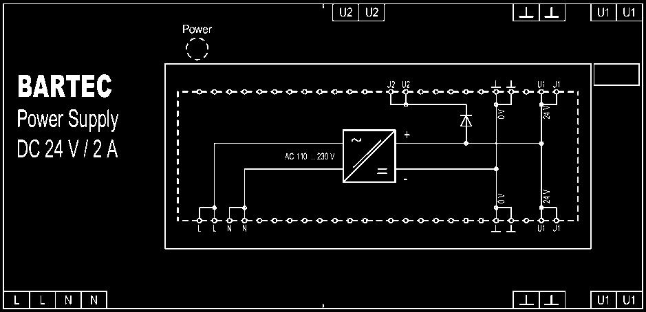 Lagertemperatur -25 C bis +60 C Gewicht 2, kg Anschlussplan/Klemmenbelegung BARTEC Netzteil DC 24 V/2 A Elektrische Daten Nennspannung AC 0 bis 250 V, 47 bis 63 Hz Eingangsspannungsbereich AC 94 bis