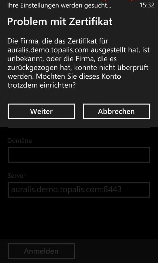 Drücken Sie bei der Meldung Problem mit Zertifikat auf Weiter.