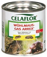 Celaflor Wühlmaus-Gas Arrex Celaflor Wühlmaus-Gas Arrex ist ein gasbildendes Vergrämungsmittel, welches sowohl Wühlmäuse als auch Maulwürfe vertreibt.