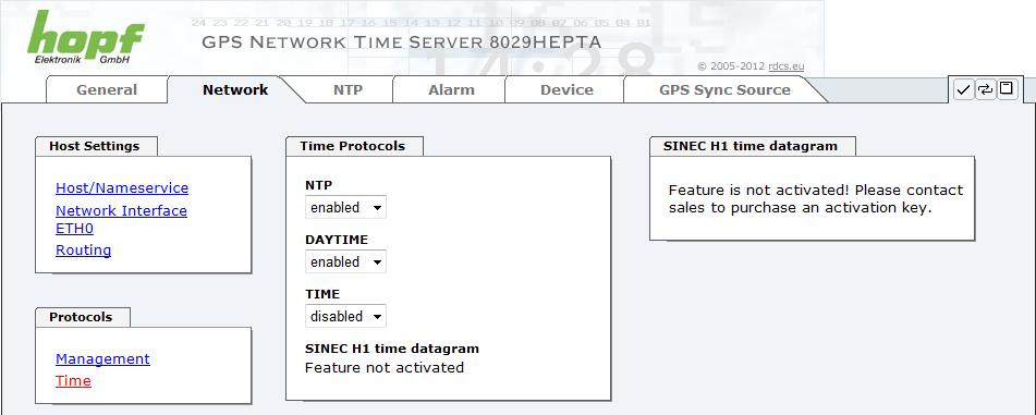 HTTP/HTTPS WEBGUI WEB BROWSER KONFIGURATIONSOBERFLÄCHE 8.3.2.5 Time (Time Protocols NTP, DAYTIME etc.) Aktivierung und Konfiguration verschiedener Synchronisationsprotokolle.