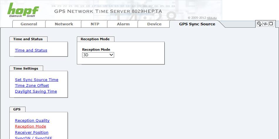 HTTP/HTTPS WEBGUI WEB BROWSER KONFIGURATIONSOBERFLÄCHE 8.3.6.6 Reception Mode In dieser Registerkarte wird der GPS-Empfangsmode eingestellt und angezeigt.