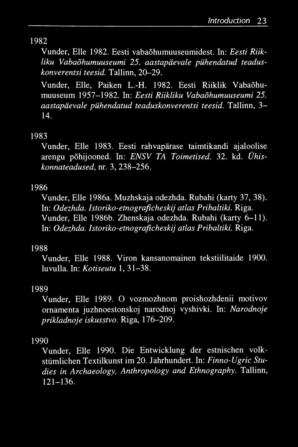 Eesti rahvapärase taimtikandi ajaloolise arengu põhijooned. In: ENSV TA Toimetised. 32. kd. Ühiskonnateadused, nr. 3, 238-256. 1986 Vunder, Elle 1986a. Muzhskaja odezhda. Rubahi (karty 37, 38).