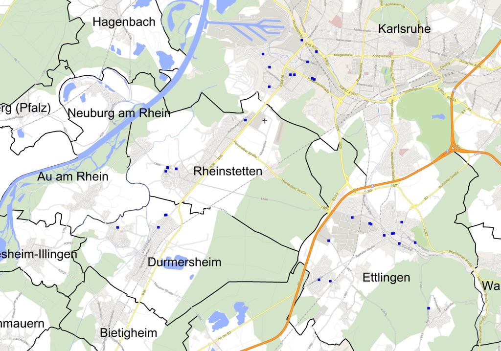 Karte 6: Wettbewerbssituation im Umland von Rheinstetten Legende Standortbereich
