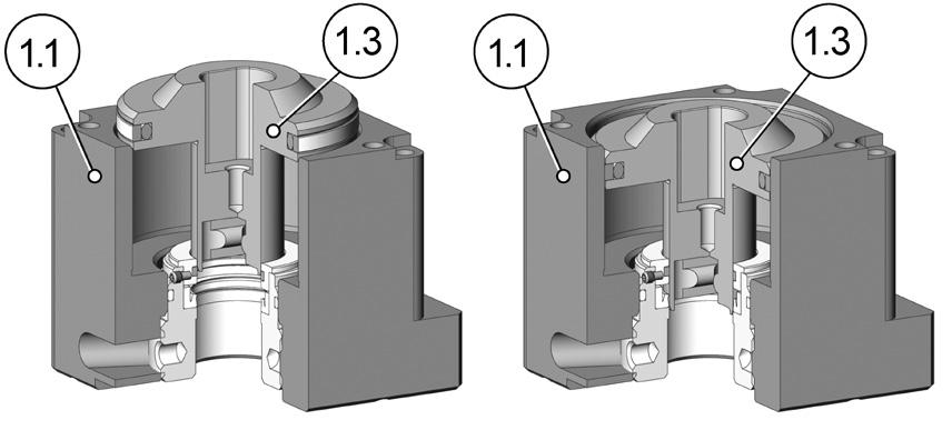 Doc003404.png Während der Montage des Kolbens (1.3) in das Zylindergehäuse (1.1), achten Sie drauf, dass der Kolben (1.3) sich nicht im Zylindergehäuse (1.1) verkantet. 4) Fügen Sie den Kolben (1.