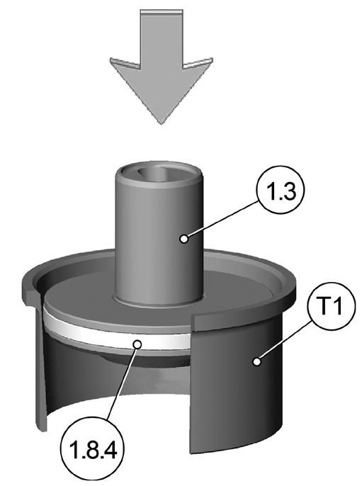 O-Ring (1.8.4) (a) Dichtelement (1.8.4) (b) mit Hydrauliköl oder Schmierfett ohne Zusatzstoffe. 2) Platzieren Sie den O-Ring (1.8.4) (a) im Dichtungssitz des Kolbens (1.3).