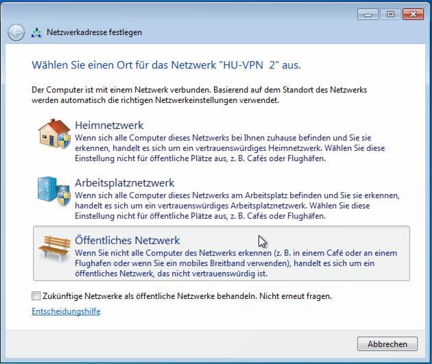 Falls Sie unter Windows 7 die Klassifizierung der Netzwerkorte automatisch als öffentlich vornehmen lassen, erscheint dieses und das folgende Fenster