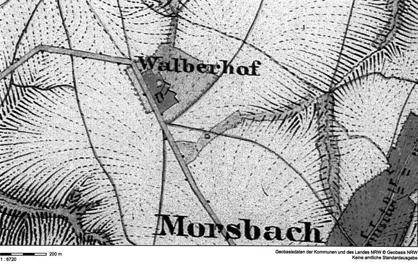 Geschichtsforum Schleiden e.v. Jahresheft 2017 Abb. 21: Karte aus dem 19. Jahrhundert mit Darstellungen des Walberhofs, bestehend aus einer aus Wohn- und Wirtschaftsgebäuden umschlossenen Hofanlage.
