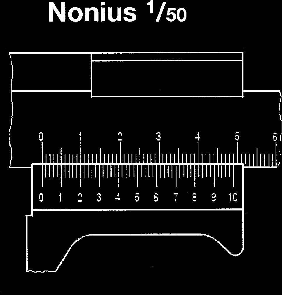 Beim Fünfzigstel-Nonius ist die Grenze des Auflösungsvermögens des Auges erreicht. Dies kann zu Ablesefehler führen. Noniuswert: 1/50mm = 0.