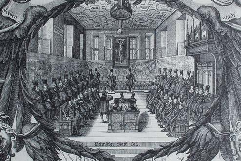 Seite 21 Ratssitzung im Senatssaal (um 1660) Die Ausschüsse des Rates Der Rat kann Entscheidungen auf Ausschüsse übertragen, es sei denn, es geht um bedeutende Entscheidungen, wie zum Beispiel die