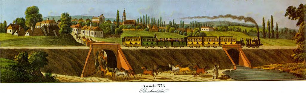 Darstellung des Streckenabschnitts Bernhardsthal der Kaiser-Ferdinands-Nordbahn von 1840.