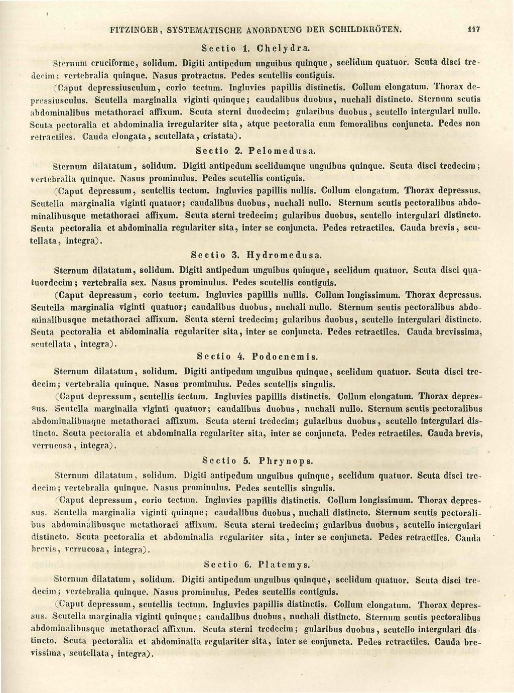 FITZINGER, SYSTEMATISCHE ANORDNUNG DER SCHILDKRÖTEN. 117 Sectio 1. Chelydra. Stern um cruciforme, solidum. Digiti antipedum unguibus quinque, scelidum quatuor.