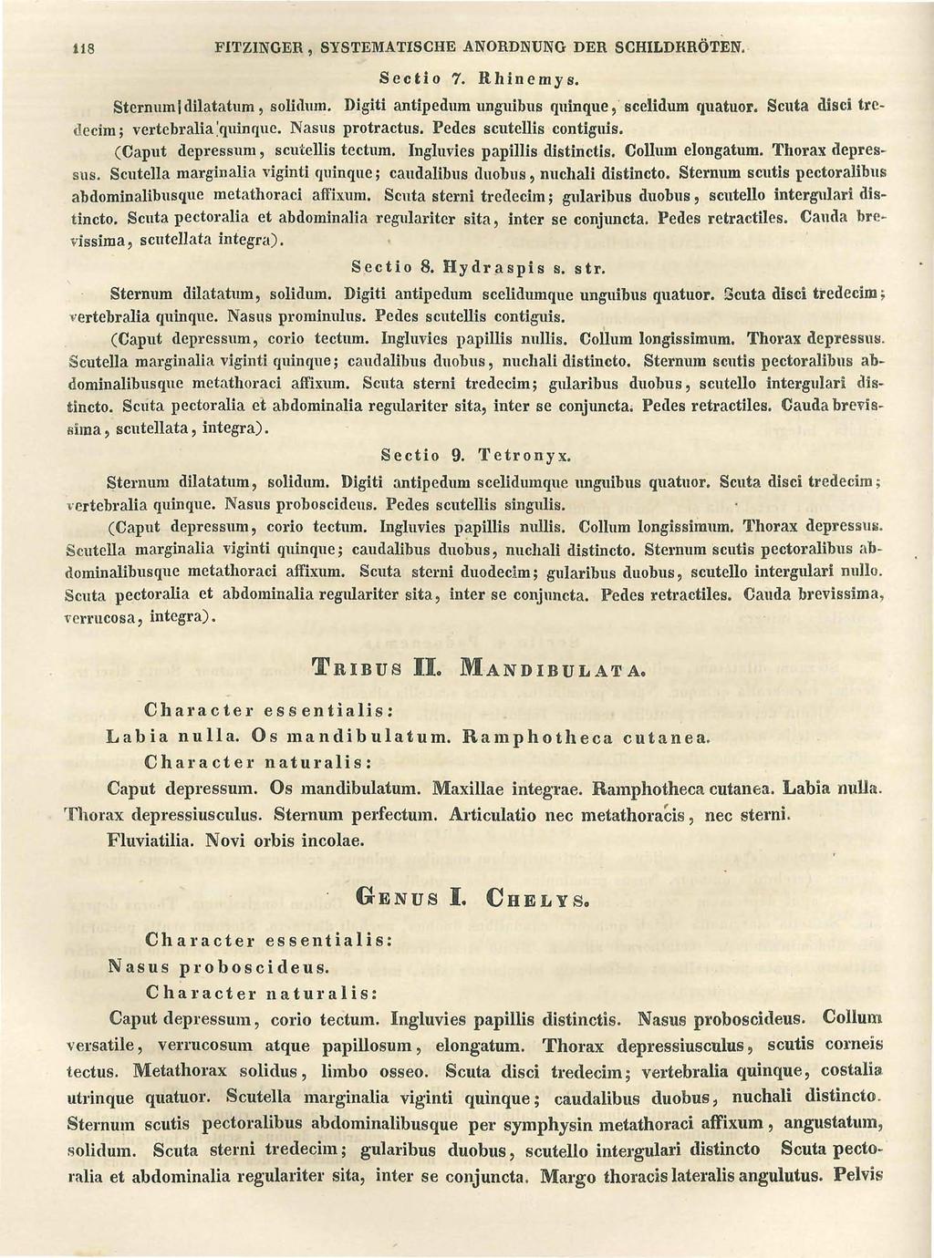 118 FITZINGER, SYSTEMATISCHE ANORDNUNG DER SCHILDKRÖTEN. Sectio 7. Rhinemys. Sternumjdilatatum, solidum. Digiti antipedum unguibus quinque, scelidum quatuor. Scuta disci tredecim; vertcbralia'quinque.