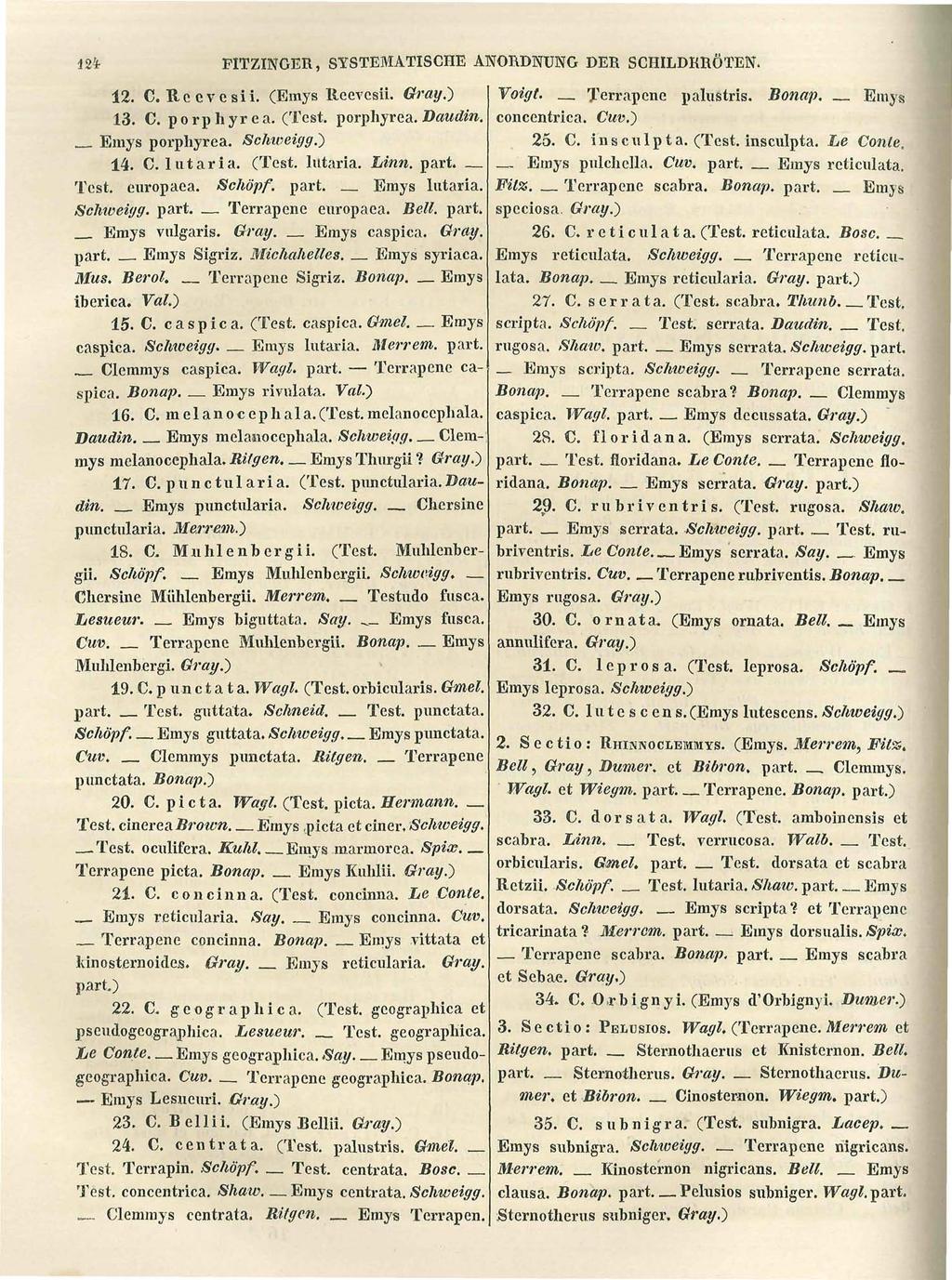 124- FITZINGER, SYSTEMATISCHE ANORDNUNG DER SCHILDKRÖTEN. 12. C. Reeve si i. (Emys Reevcsii. Gray.) 13. C. porphyrea. (Test, porphyrea. Daudin. _ Emys porphyrea. Schweif/g.) 14. C. lut aria.