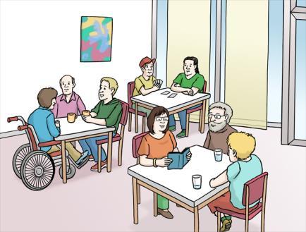 Treffen von Menschen mit und ohne Behinderung Menschen mit Behinderung und ohne Behinderung treffen sich 1 Mal im Monat Sie sitzen gemütlich zusammen Sie machen Ausflüge Stammtisch für Leute mit und