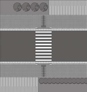 Einbaubeispiel Fußgängerüberweg (FGÜ) innere Leitlinie: Tiefbord, Einbauhöhe > 3 cm Aufmerksamkeitsfeld mit Noppen- und Rippenplatten