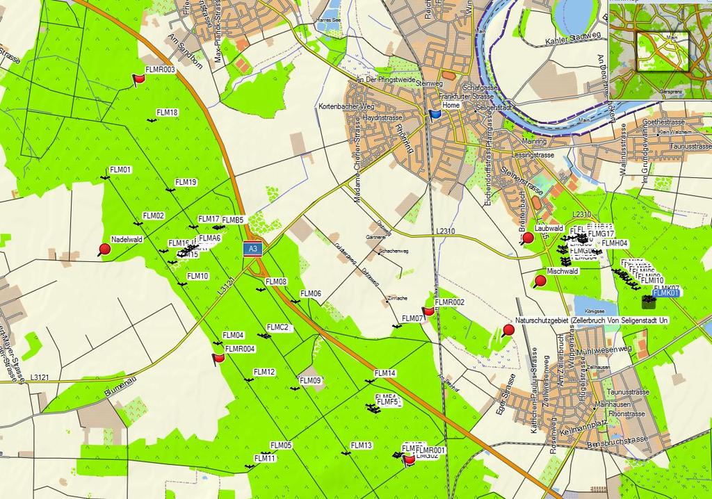 Probeflächen Stadtwald über GPS erfasst (in der Regel je 5 Kästen) Rote Fahne: Aufhängung
