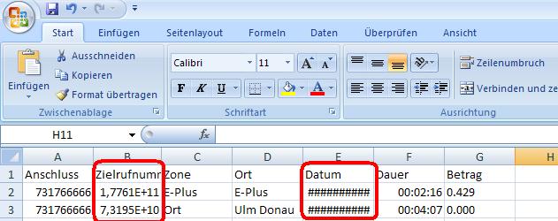 Um die EVN anzusehen klicken Sie auf das Dateisymbol. Die Datei wird dann in Excel geöffnet. Werden die Inhalte in den Felder nicht lesbar mit ### angezeigt (hier z.b. Zielrufnummer oder Datum), so muss die Spaltenbreite einfach mit Hilfe der Maus vergrößert werden.